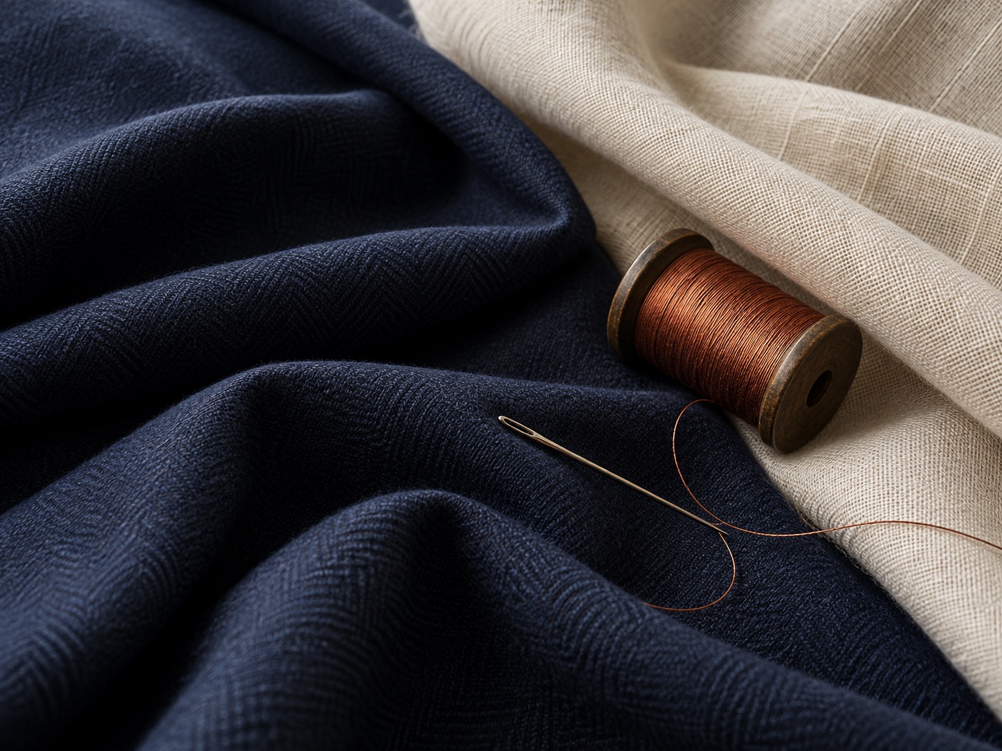 Illustrative still life of navy fabric, ivory linen and copper thread